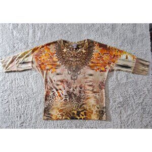 Laura Scott 3/4 Sleeve Orange Floral W/Animal Print and Rhinestones Top- S